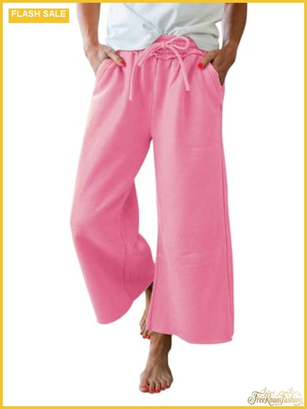 Womens High Waist Wide Leg Cropped Mineral Wash Pants Drawstring